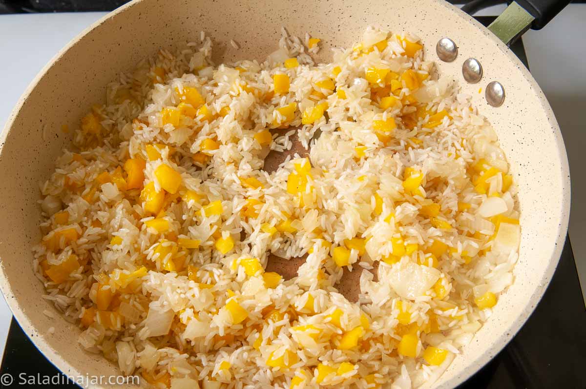 rice added to skillet