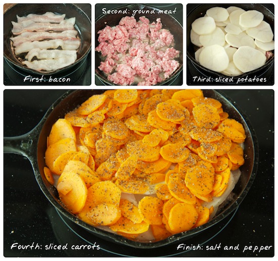 collage showing each layer of this hamburger and potatoes dish
