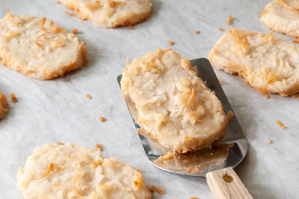 coconut icebox cookies on a cookie sheet