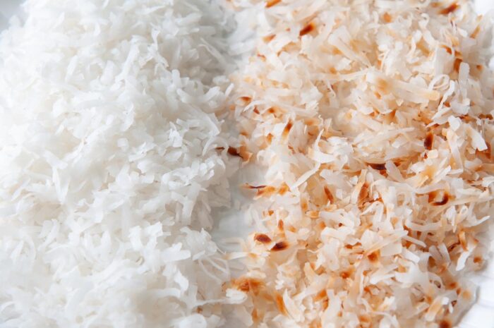 raw coconut on the left, toasted coconut on the right.