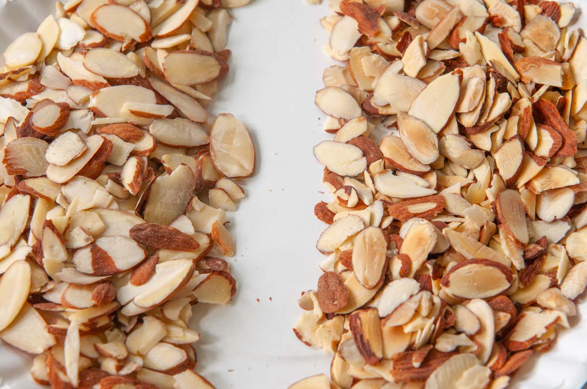 raw and microwave-toasted almonds on the right