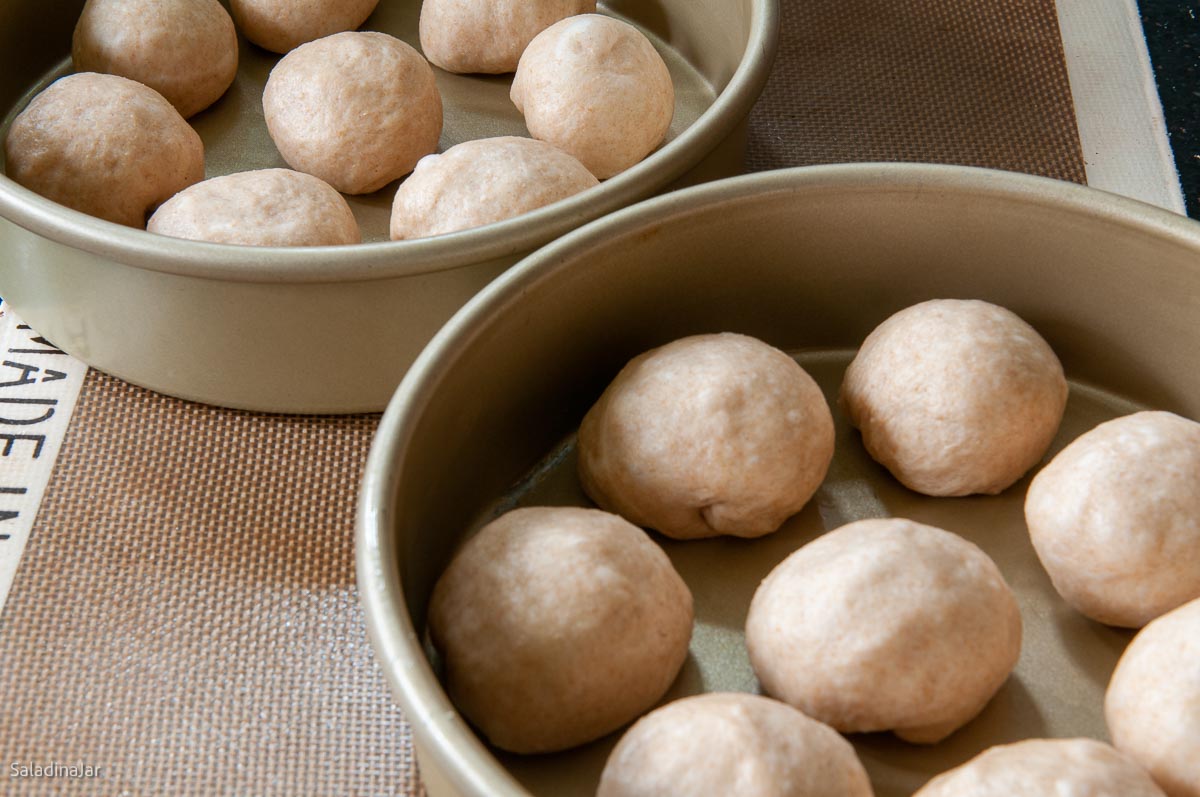 dough balls in pan before final proof.