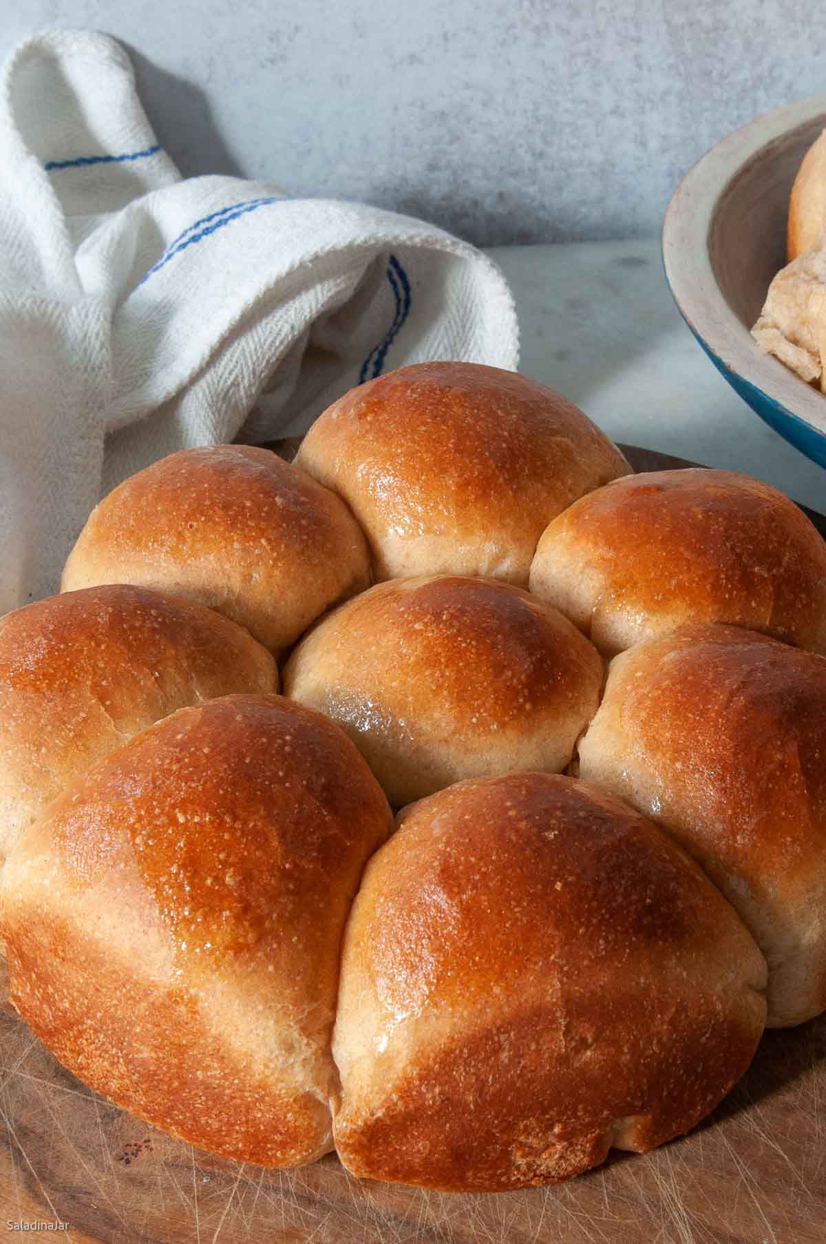 baked whole wheat rolls on a cutting board