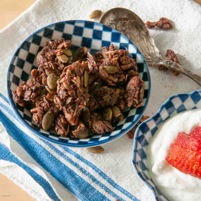 Chocolate Granola Clusters in a bowl next to homemade yogurt with strawberries.
