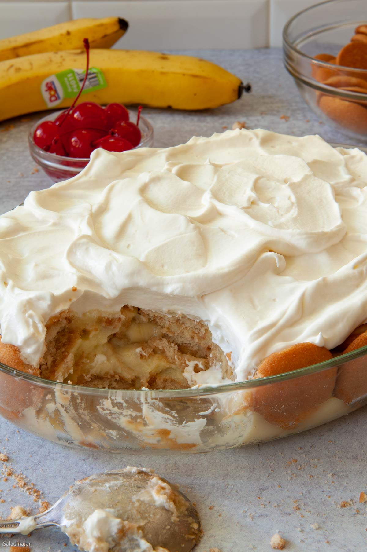 bowl of microwave banana pudding with a serving removed--shows layers