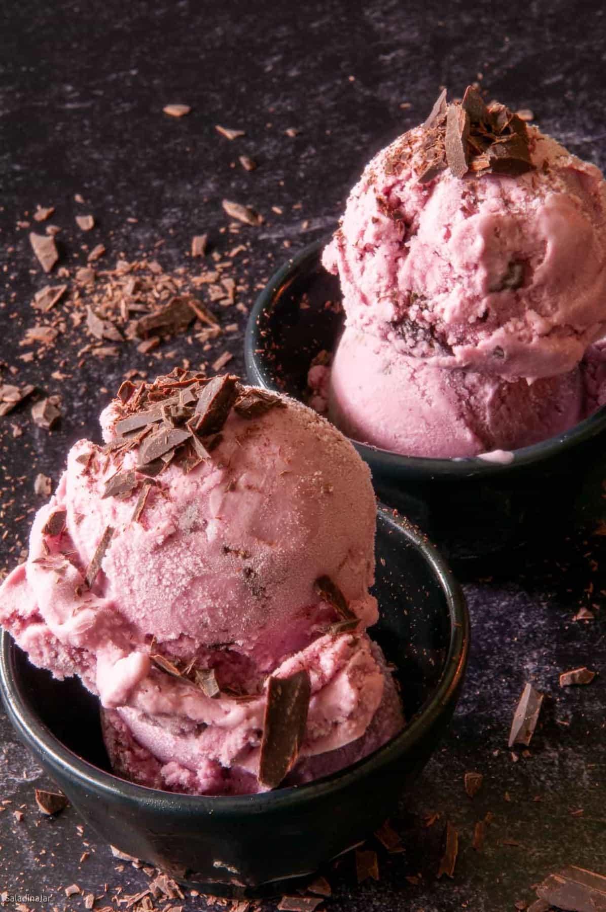 two scoops of blackberry chocolate chip ice cream