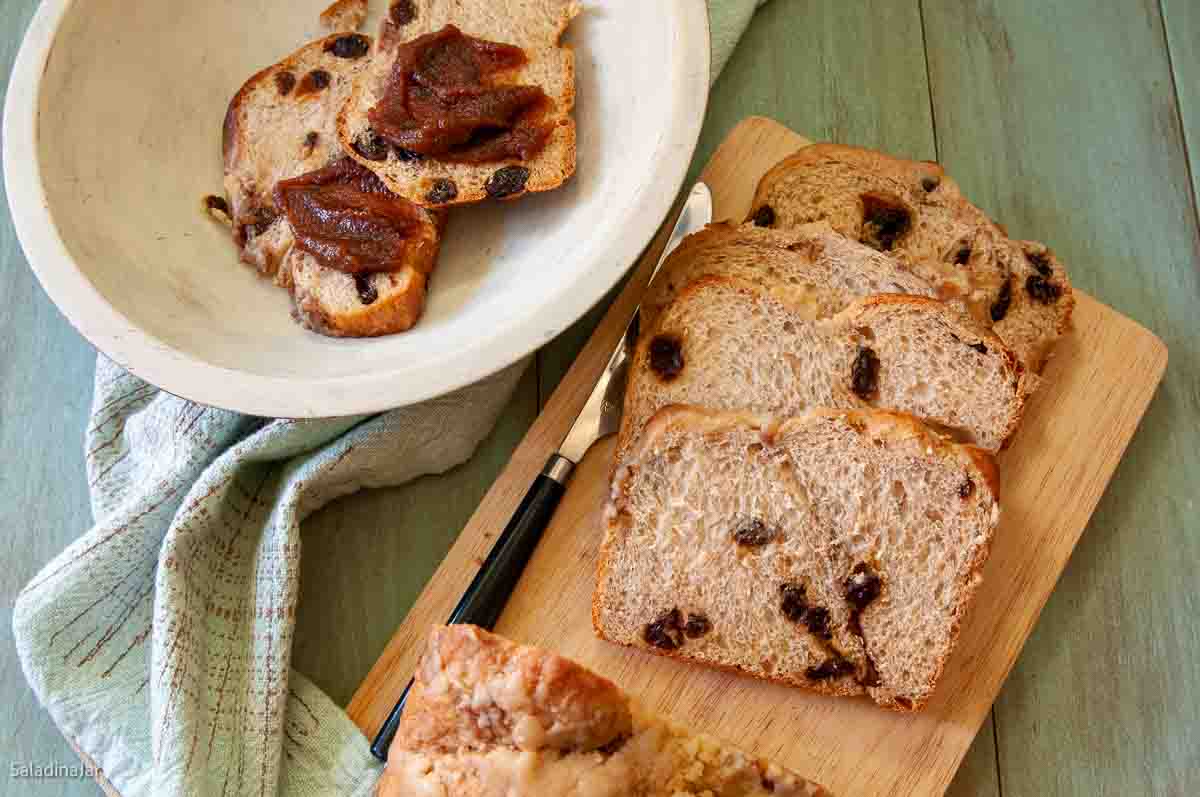 sliced cinnamon-apple bread spread with apple butter