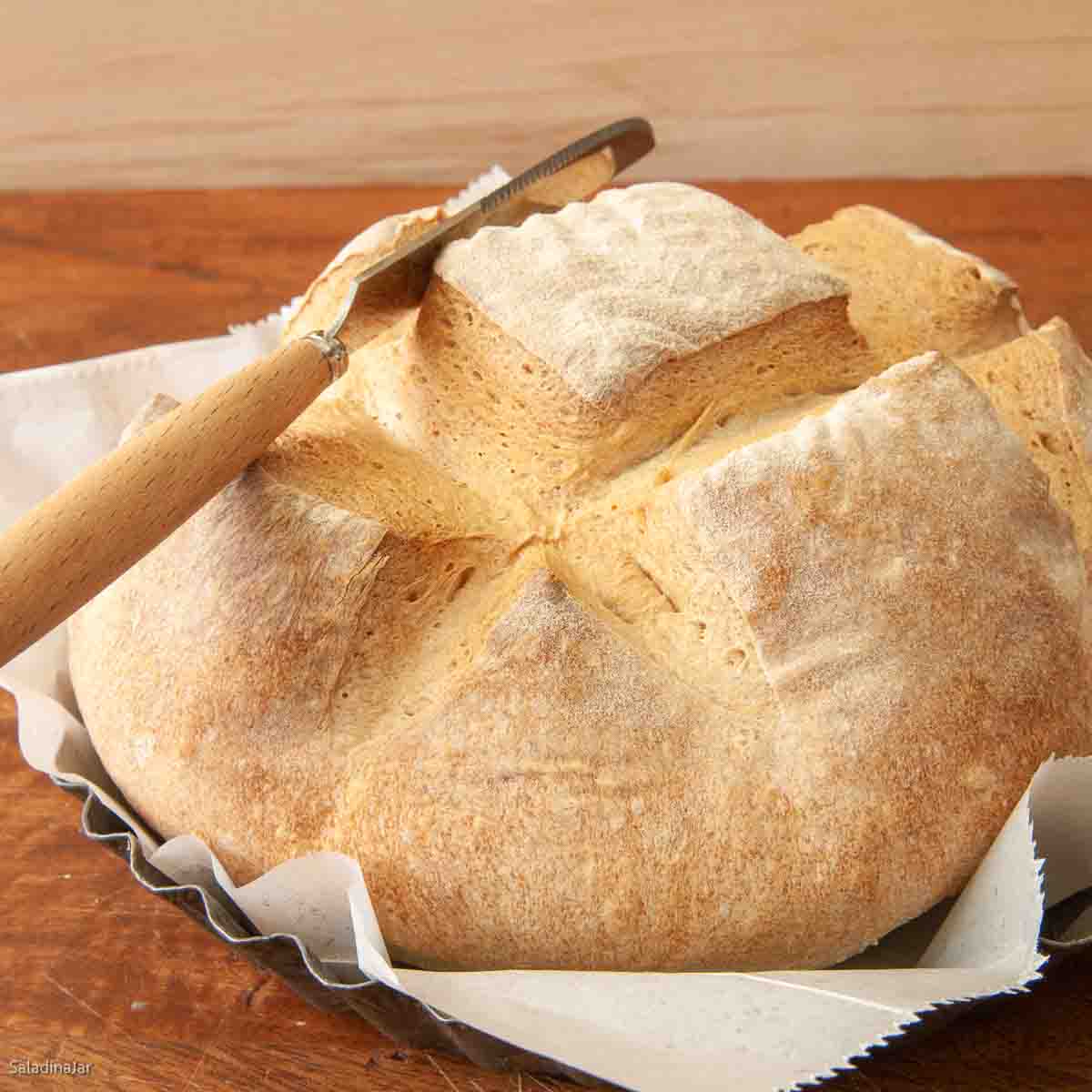 uncut crusty bread made with a bread machine and a floury topping