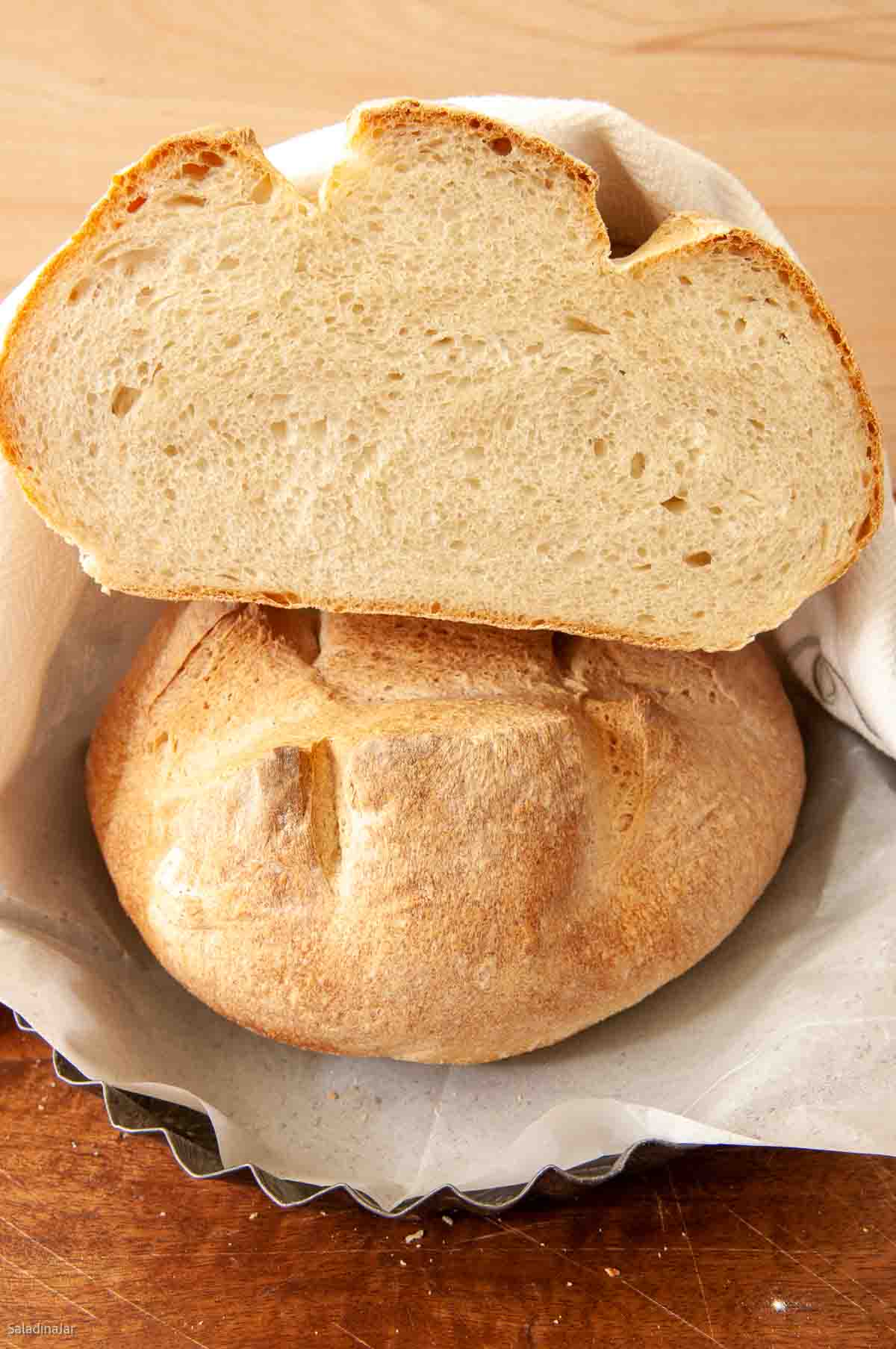 Bread loaf cut in half to show the texture