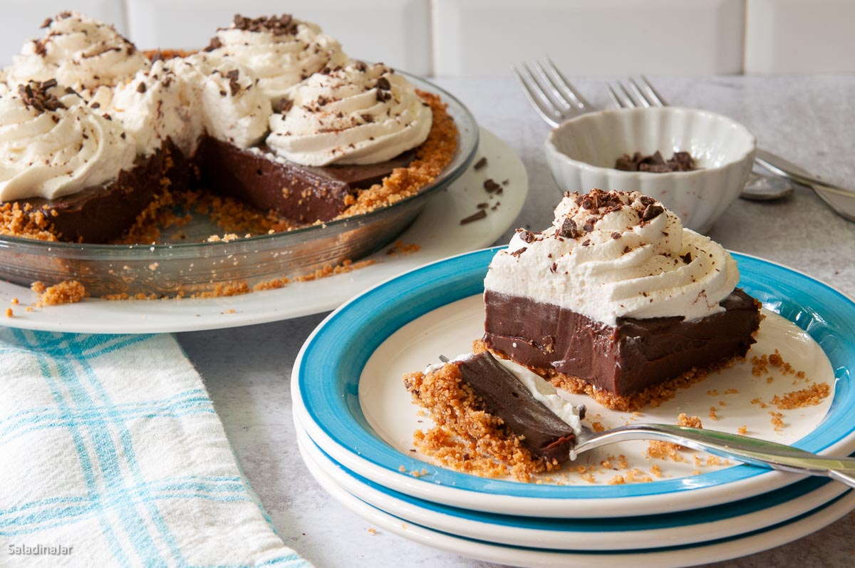 a slice of silky smooth chocolate pie on  a plate