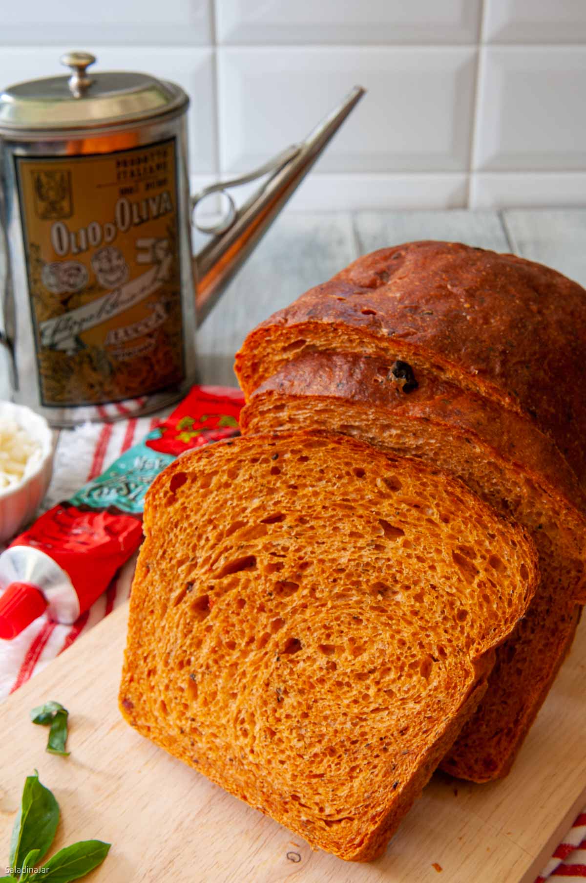 sliced tomato basil bread baked in a conentional oven