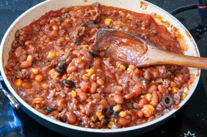 combined mixture in skillet on the stove