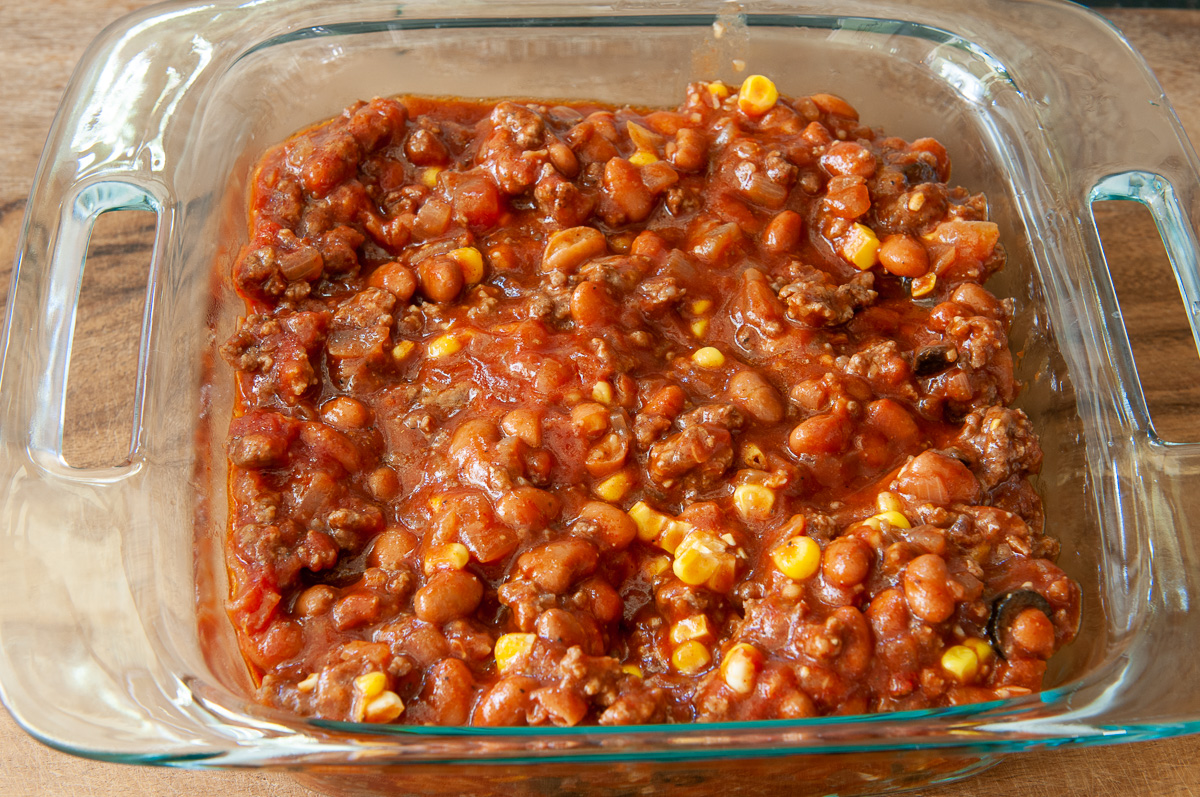 meat layer in a casserole dish.