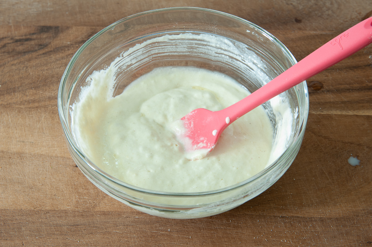 Cornmeal mixture after stirring the ingredients together--slightly lumpy.