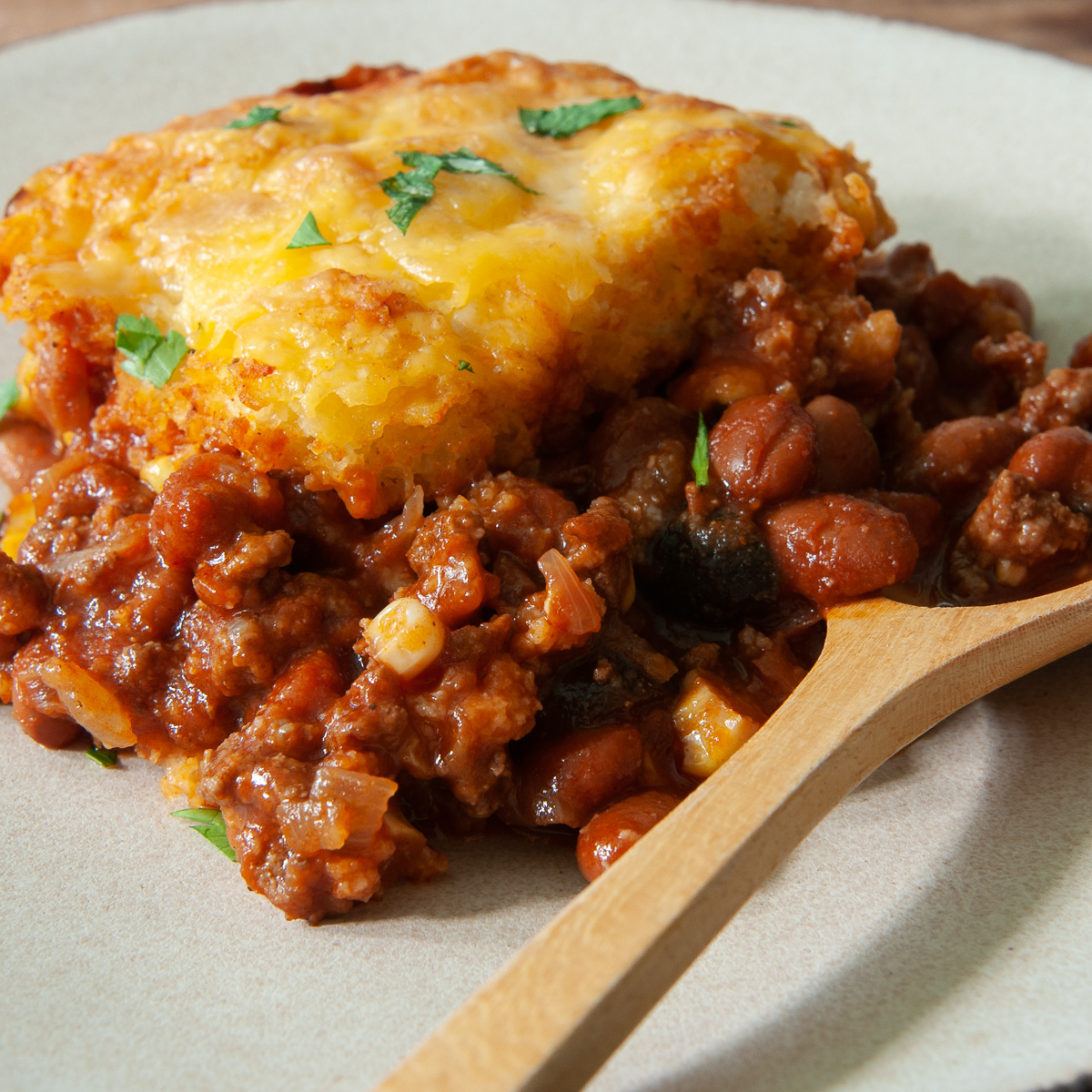 individual serving of tamale pie on a plate