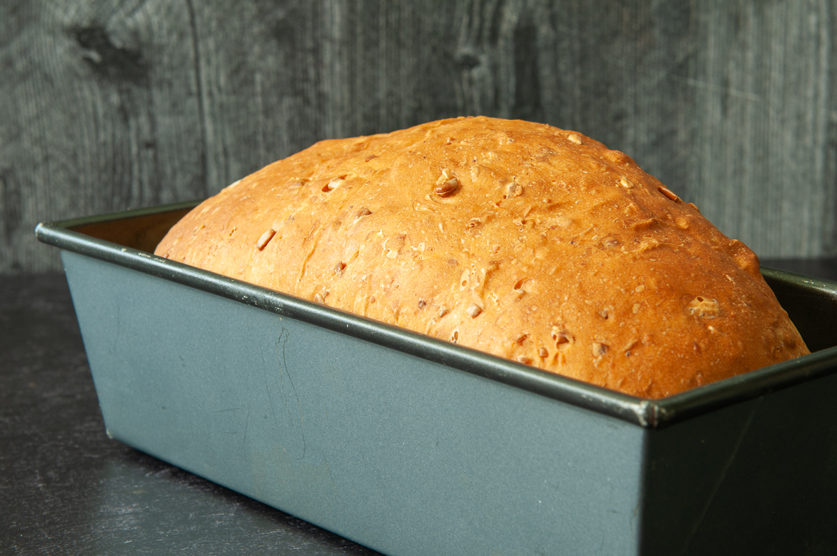 Baked loaf in a bread pan