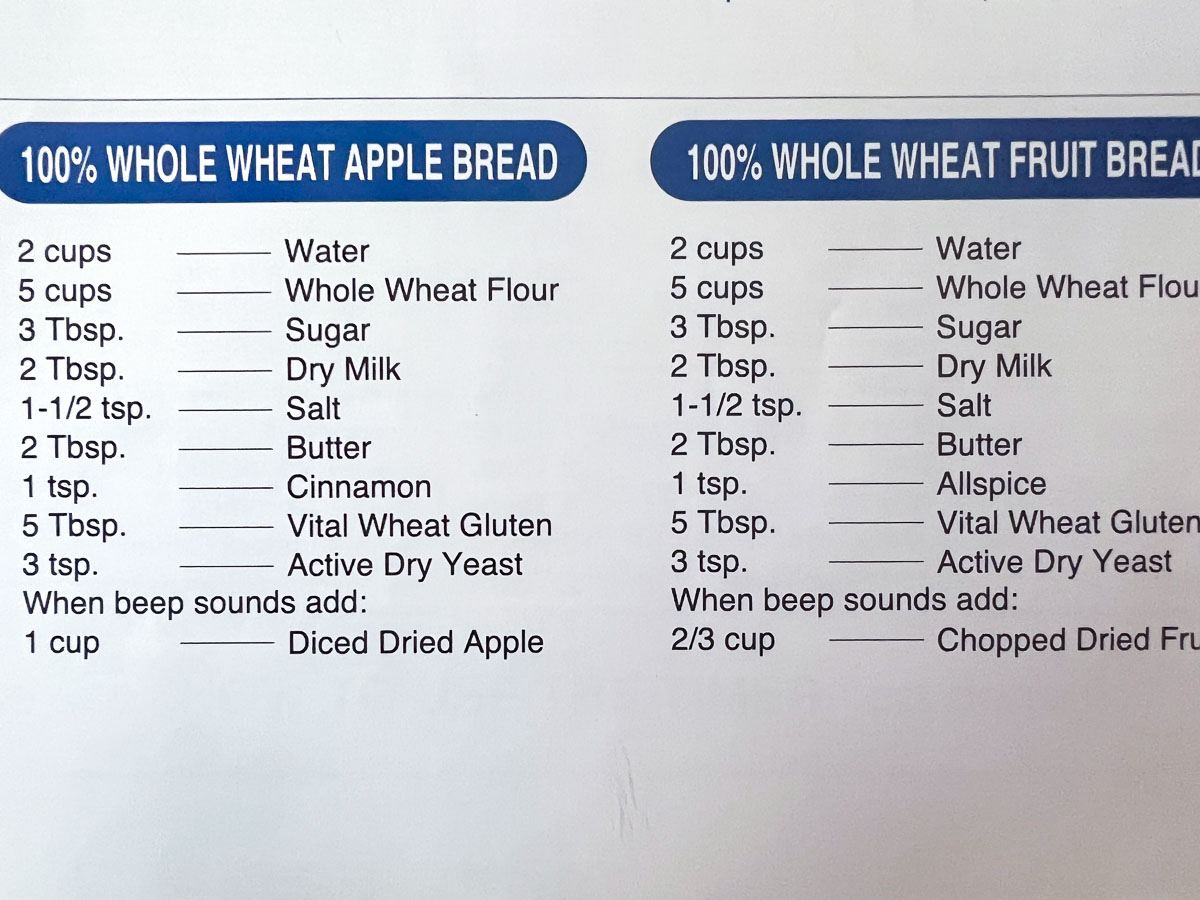 comparing recipes in a bread machine manual.