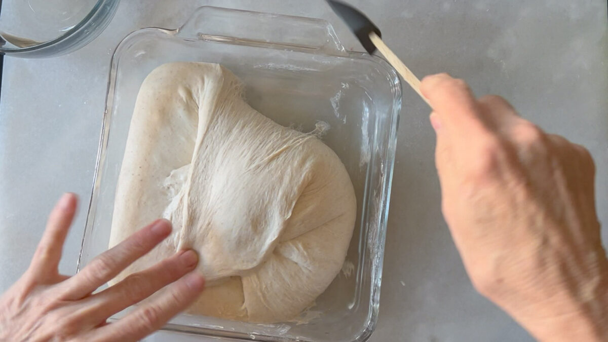 Showing the final stretch and fold in preparation for removing the dough from the bowl.
