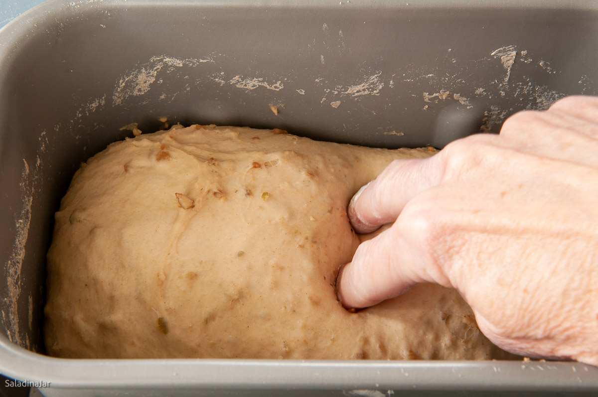 Doing the two-finger test on the dough to see if it has proofed enough.