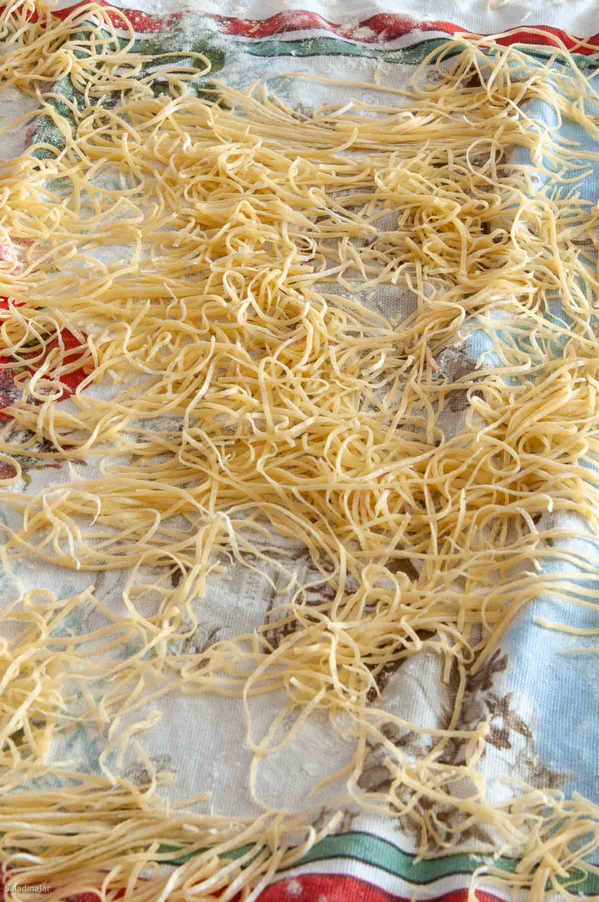 thin egg noodles drying on the counter
