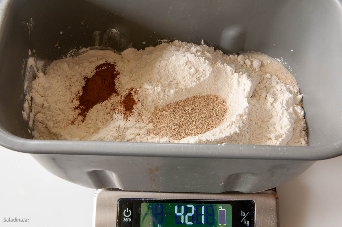 all ingredients for the dough are added to the bread machine pan, except for the raisins or currants.