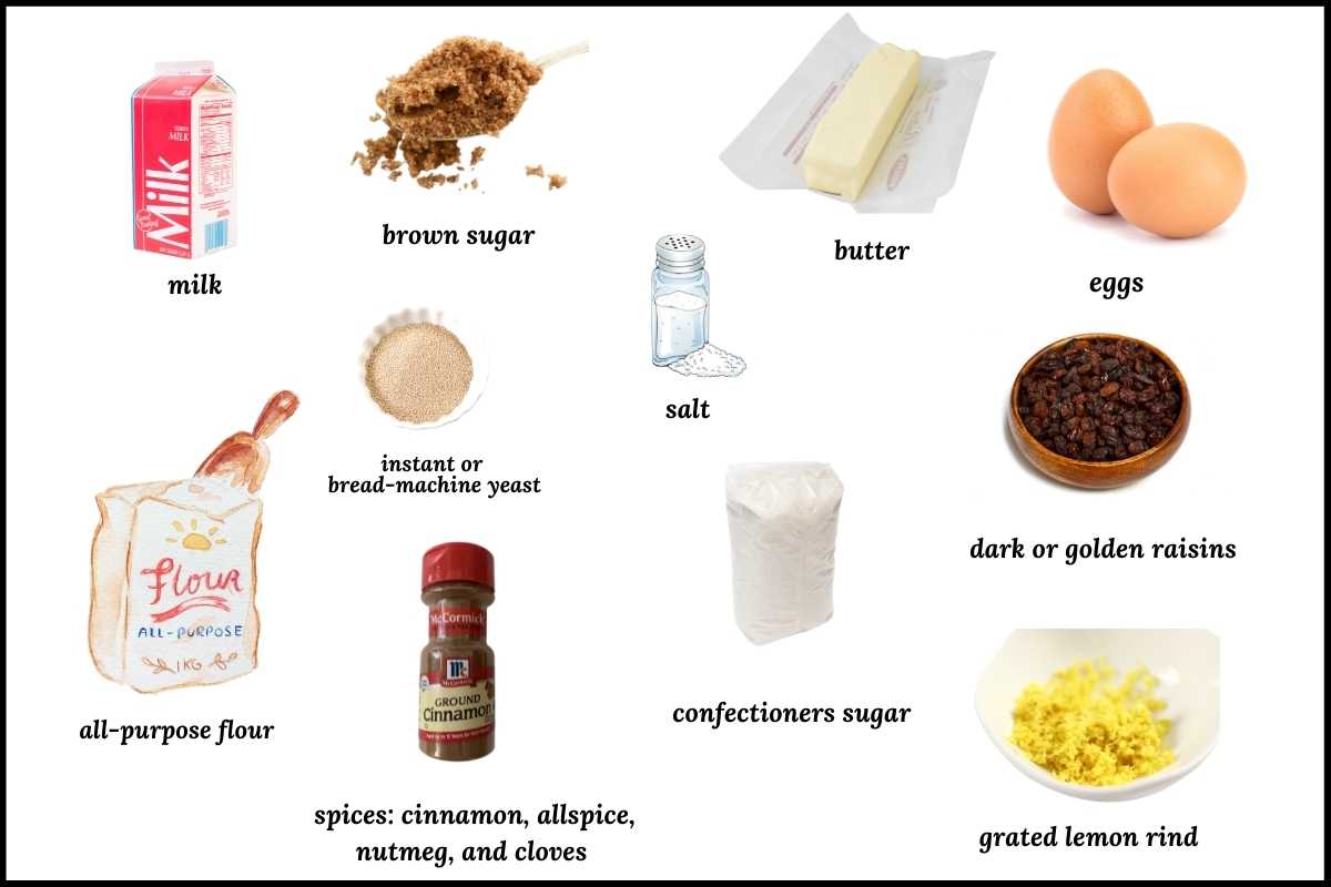 Ingredients in Bread Machine Hot Cross Buns.