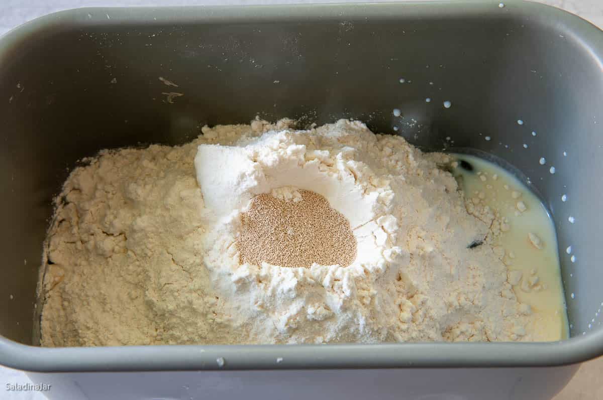 all dough ingredients in the bread machine pan