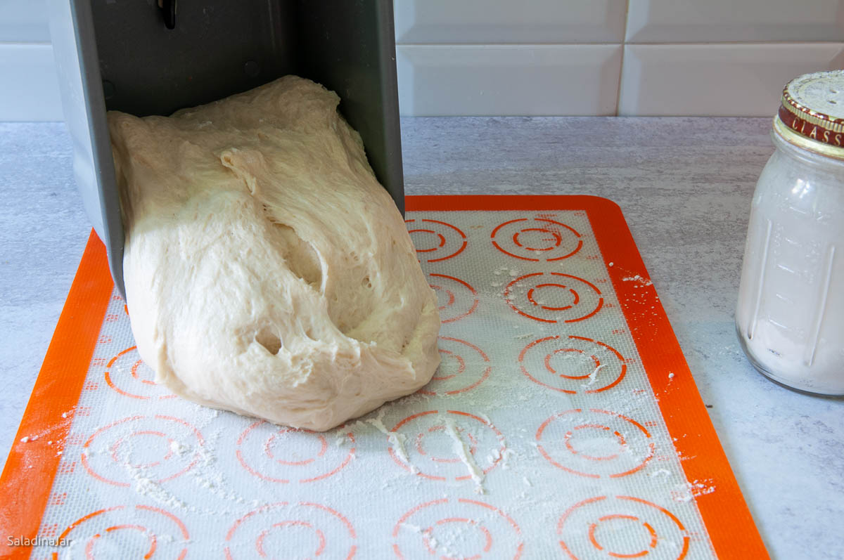 moving dough from the bread machine pan to a floured surface for shaping