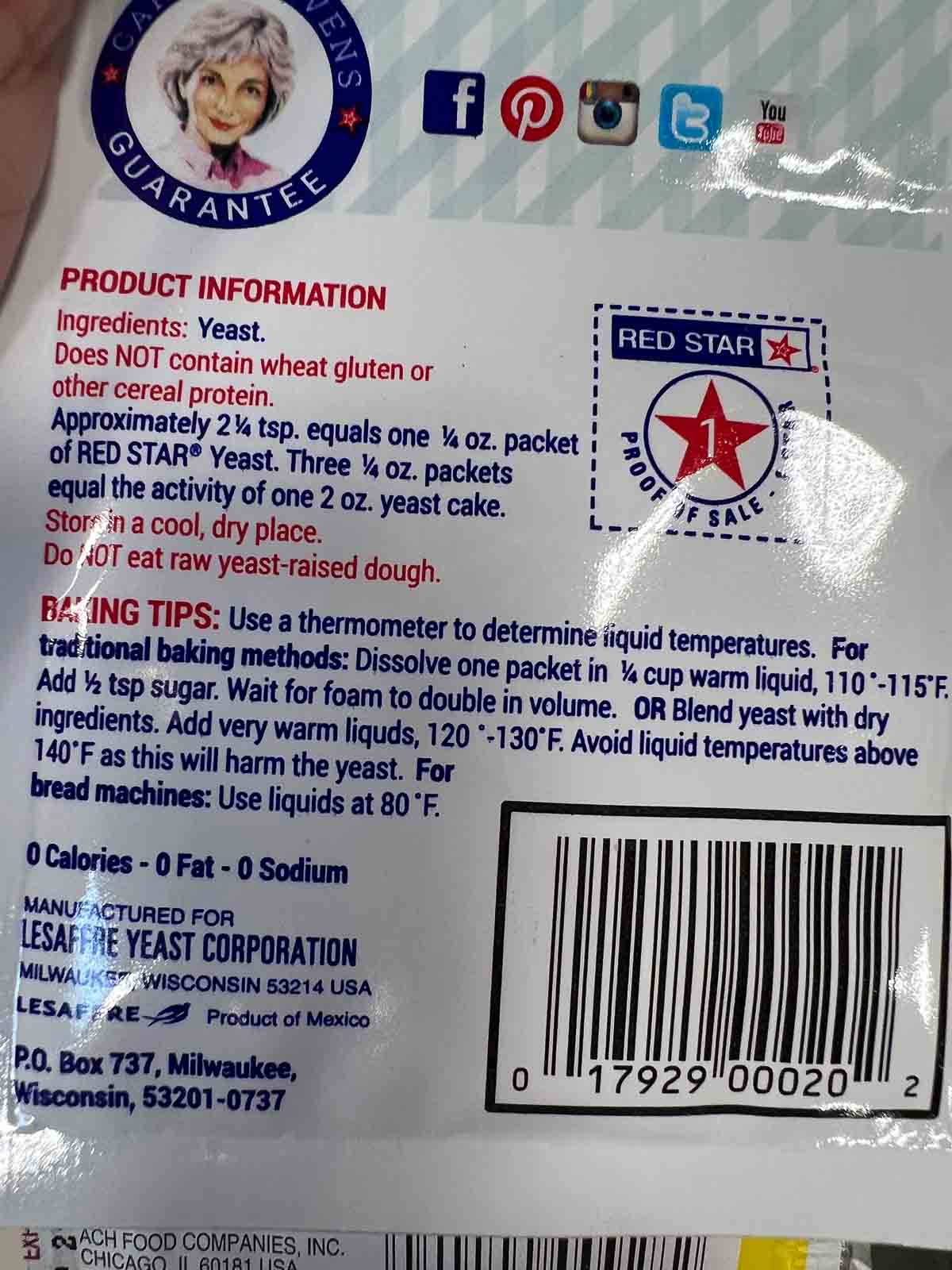 Red Star active dry yeast--back of the package