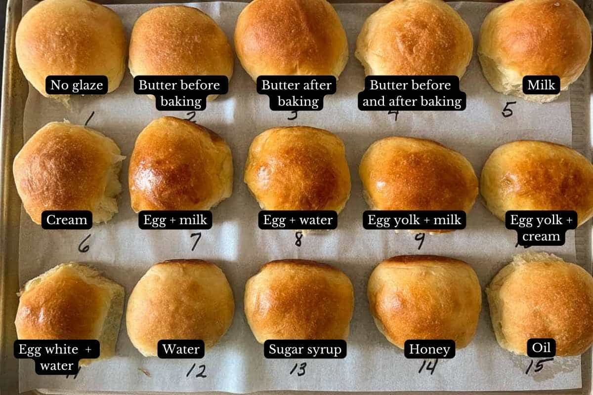 dinner rolls with different glazes, labeled.