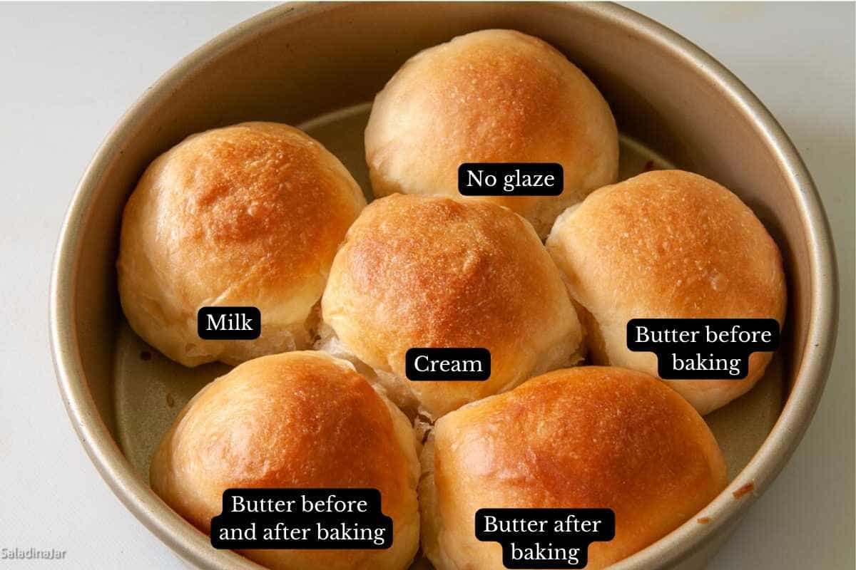 comparison of dairy-glazed rolls in a circular pan--labeled.