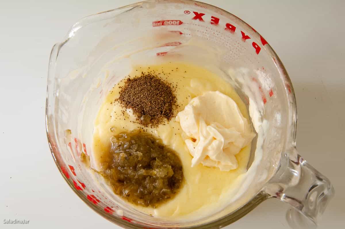 stirring in the celery seed, mayonnaise, and pickle relish.