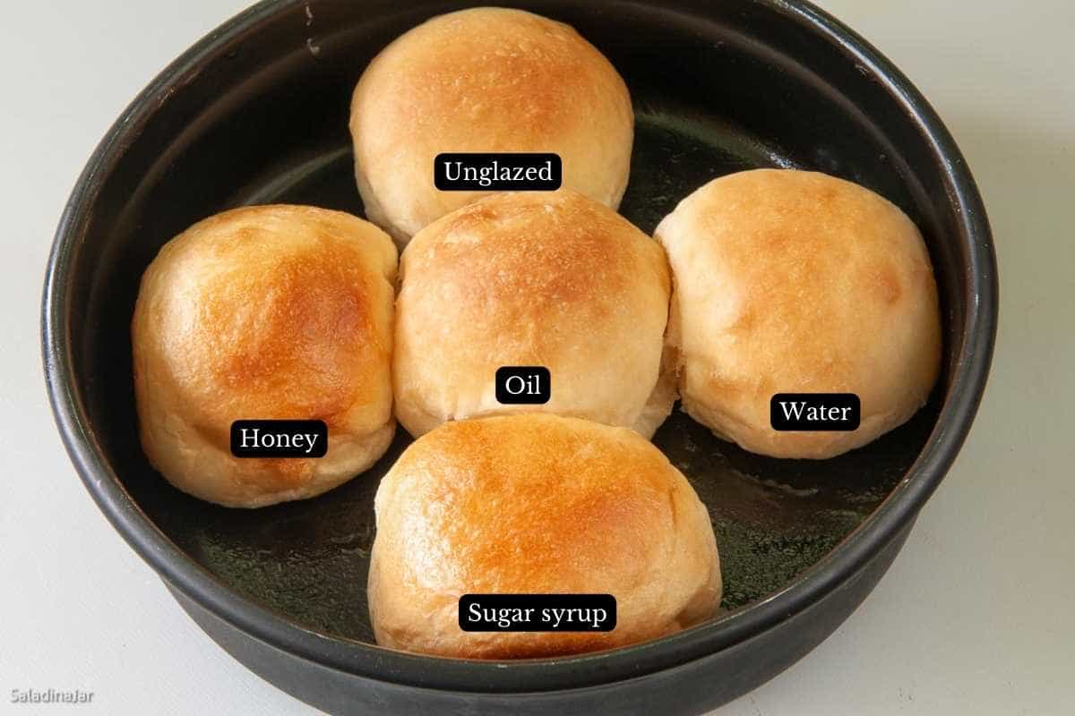 comparison of rolls with simple glazes in a circular pan--labeled.