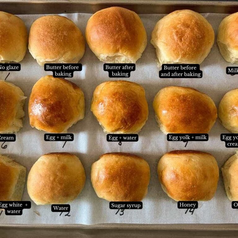dinner rolls with different glazes, labeled