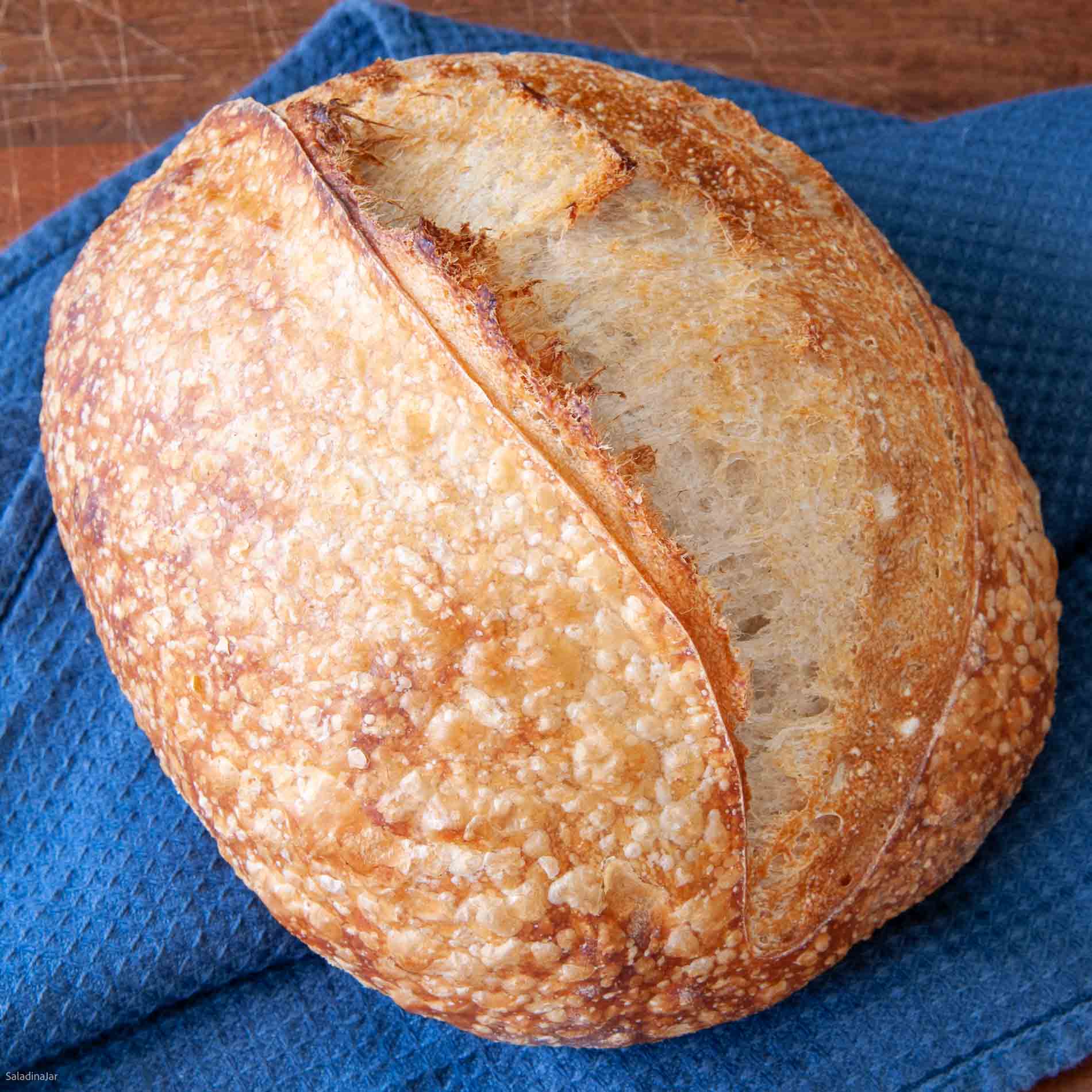 sourdough loaf with blisters after spraying the crust with cold water