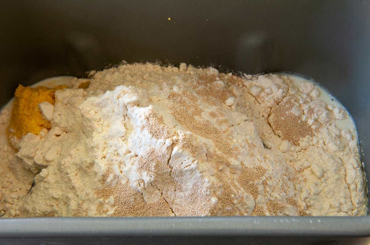 All ingredients for Yeast cornbread added to the bread machine pan