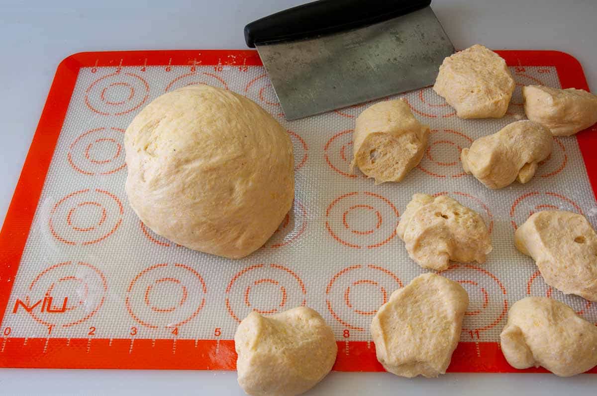 dividing the dough to make rolls