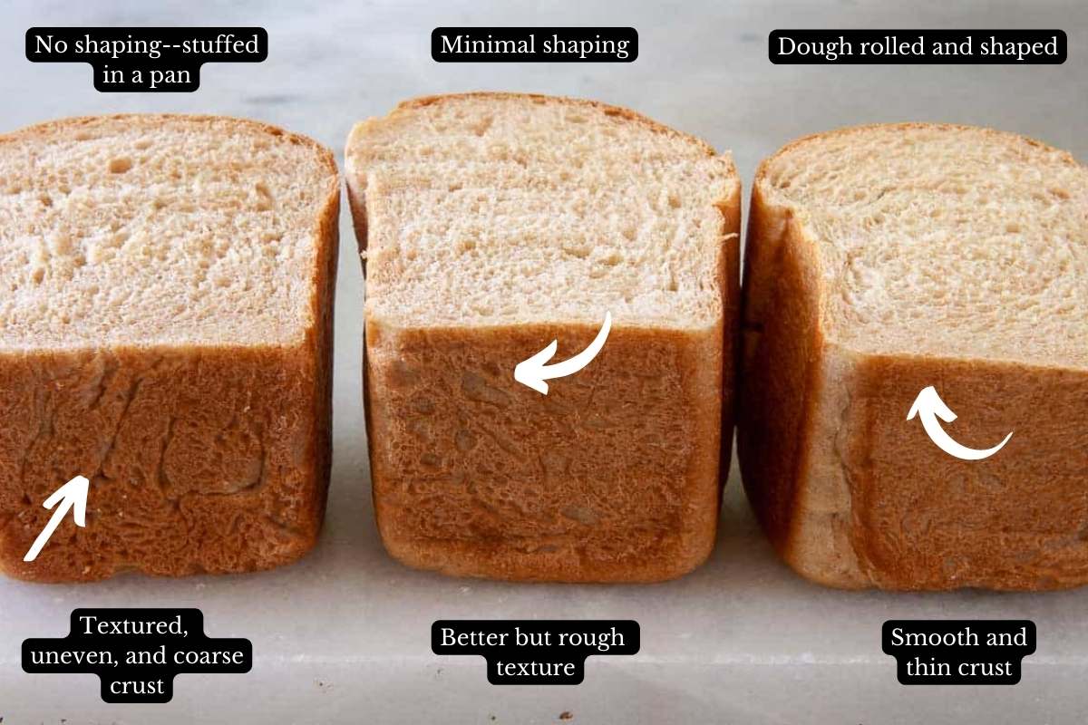 Examining the crust of 3 loves of bread.
