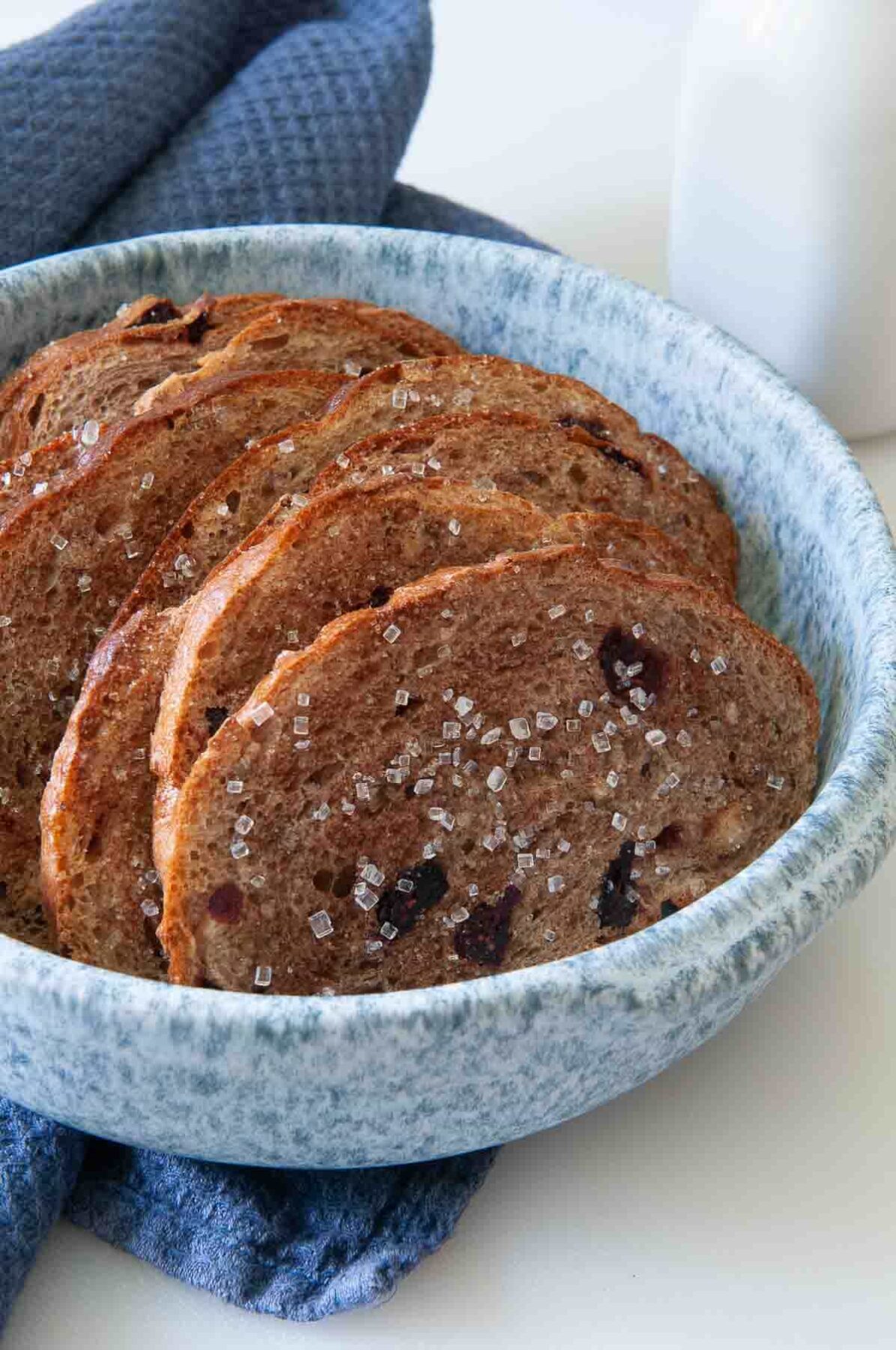 homemade melba toasts sprinkled with cinnamon and sugar and baked in the oven.