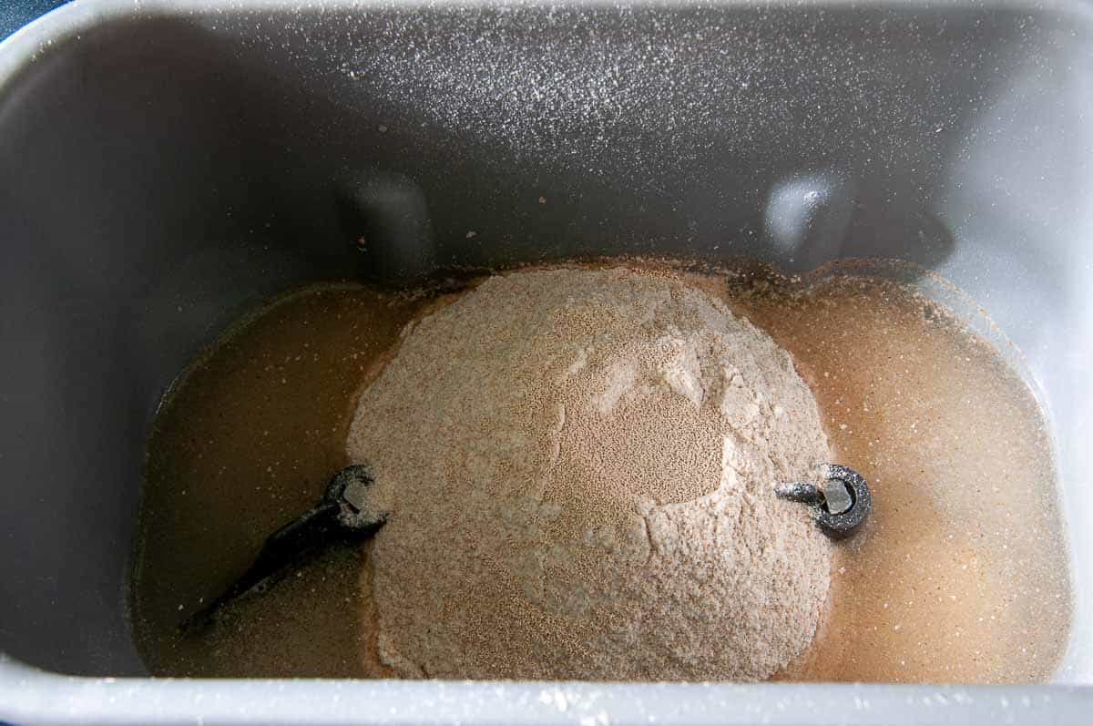 pre-ferment ingredients in the bread machine pan