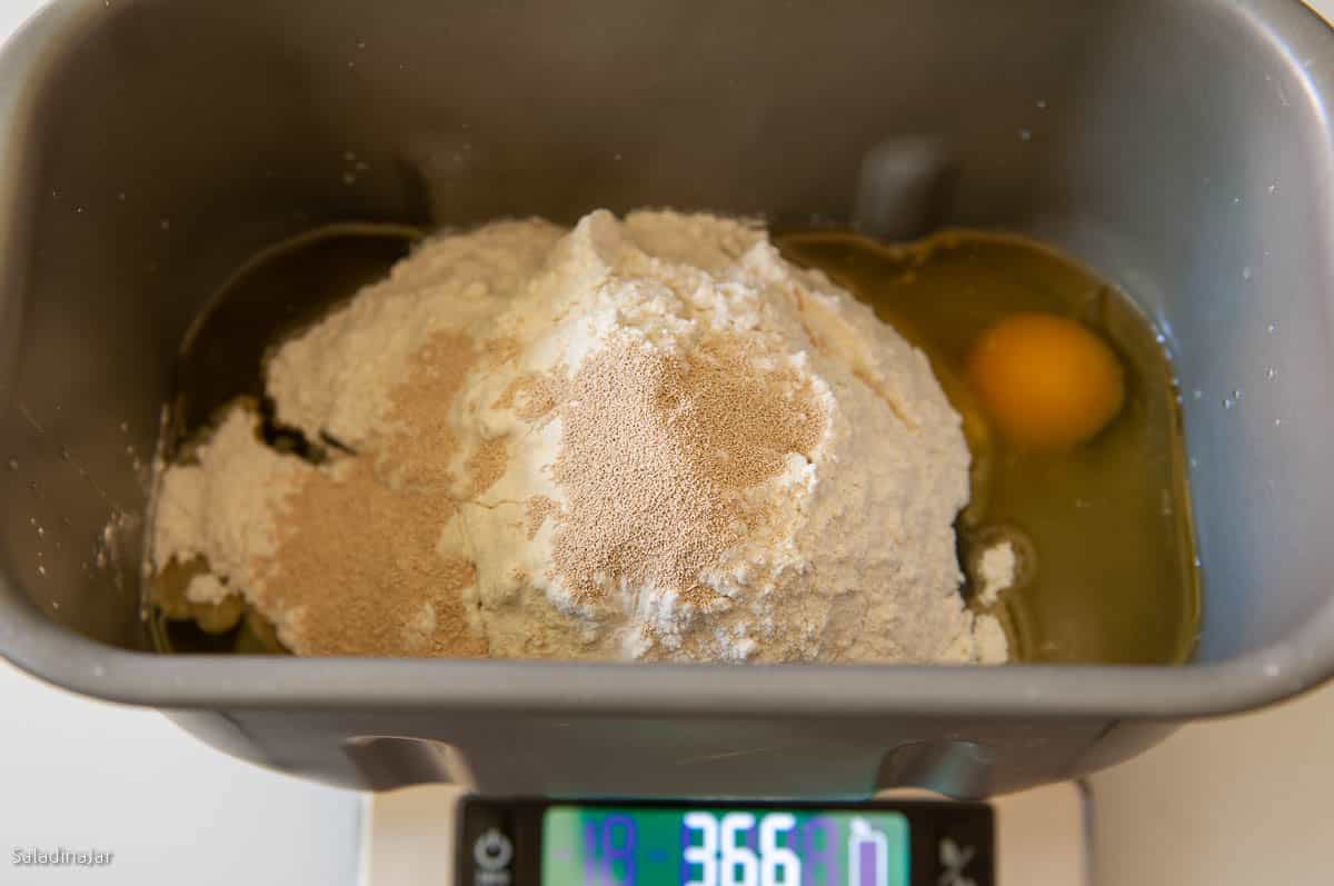 ingredients for bread loaded into bread maker pan