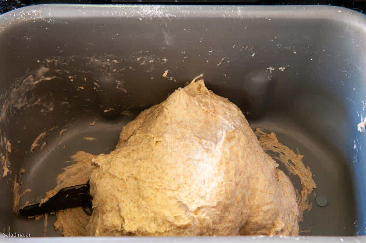 the dough should be smooth and elastic after it has kneaded for awhile.
