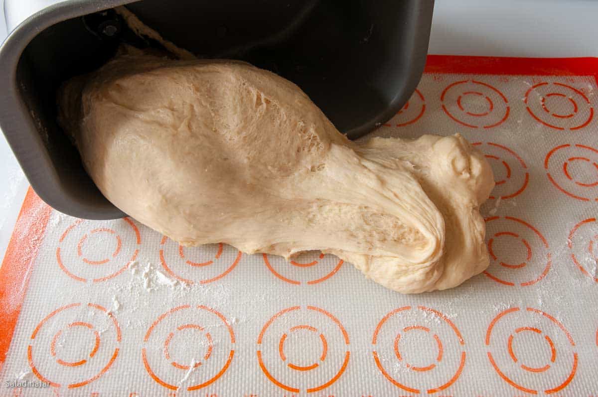 After the Dough cycle is finished, remove the dough from the bread machine pan onto a lightly floured work surface.