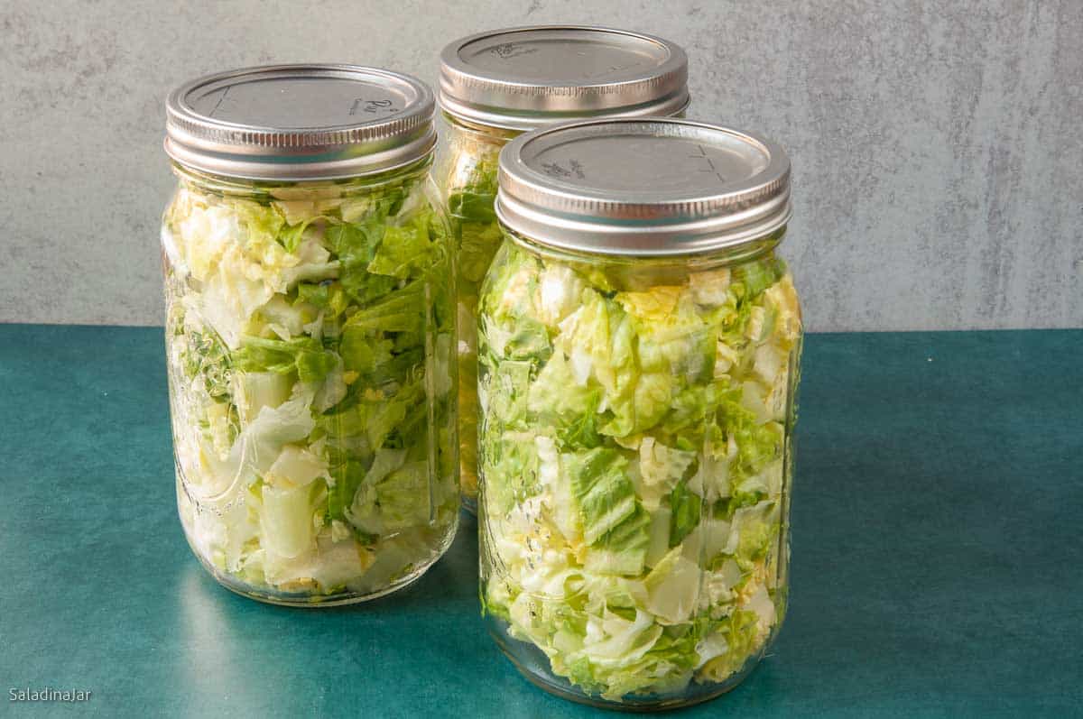 Mason jars full of vacuum-sealed cut lettuce.