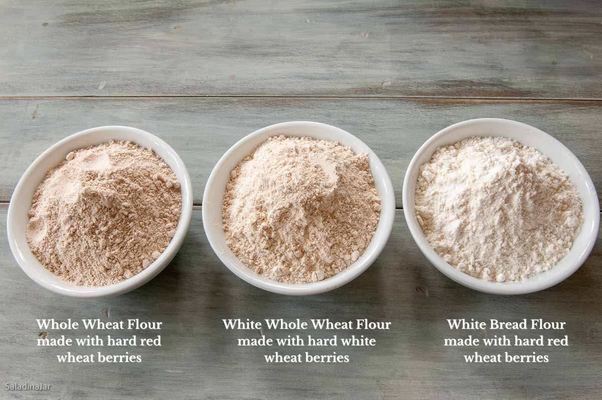 comparing whole wheat flour to white whole wheat flour to white bread flour
