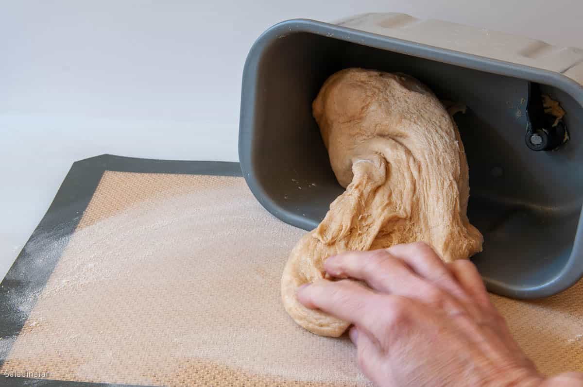 pulling the dough out of the bread machine.