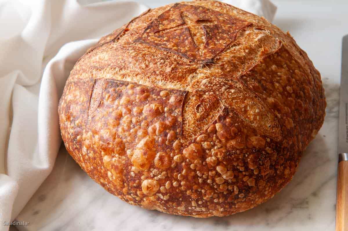 classic sourdough loaf with a crusty,  crackly crust, unsliced. Mixed in a bread machine, baked in a conventional oven.