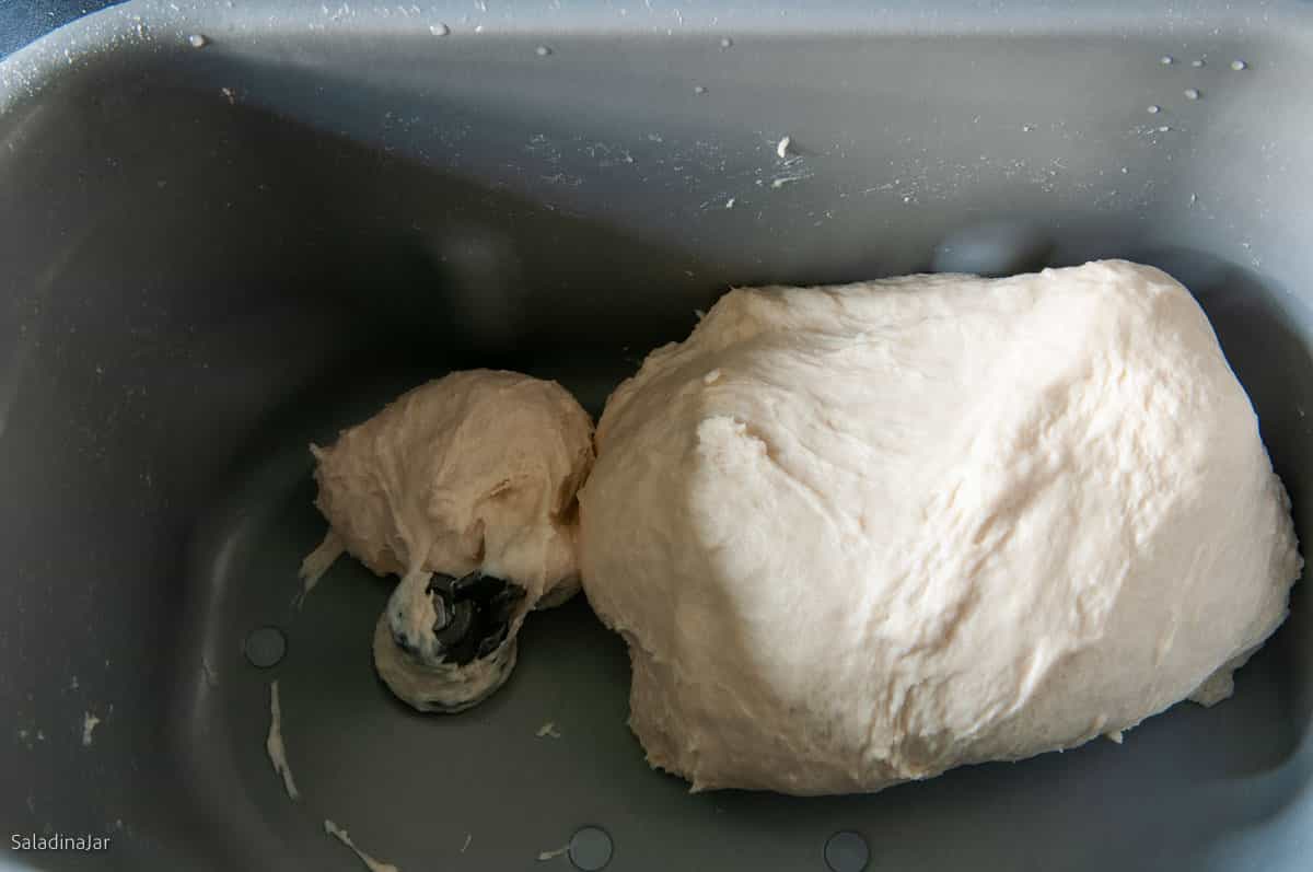 When the dough is almost finished kneading, it should be smooth and elastic like this.