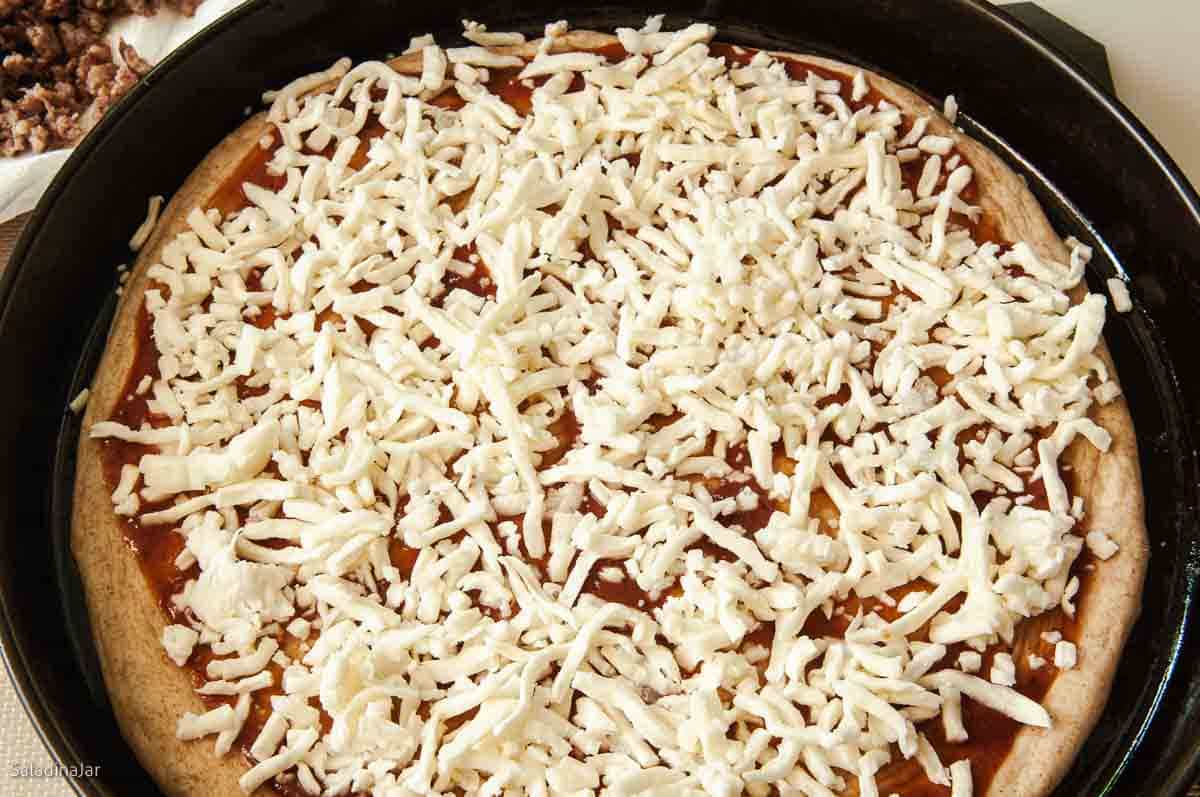 shredded cheese (Mozza) distributed over the top of a layer of pizza sauce.