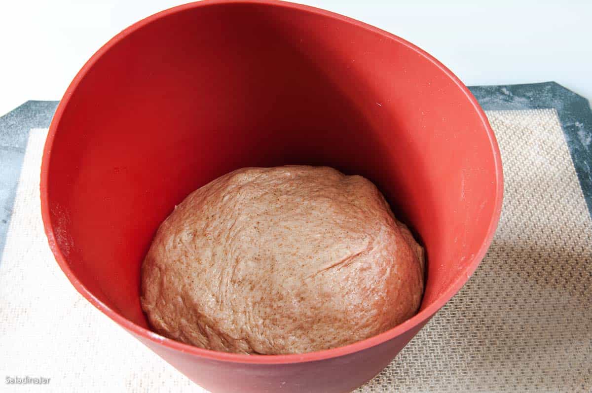 pressed down pizza dough in a medium size bowl before refrigeration.
